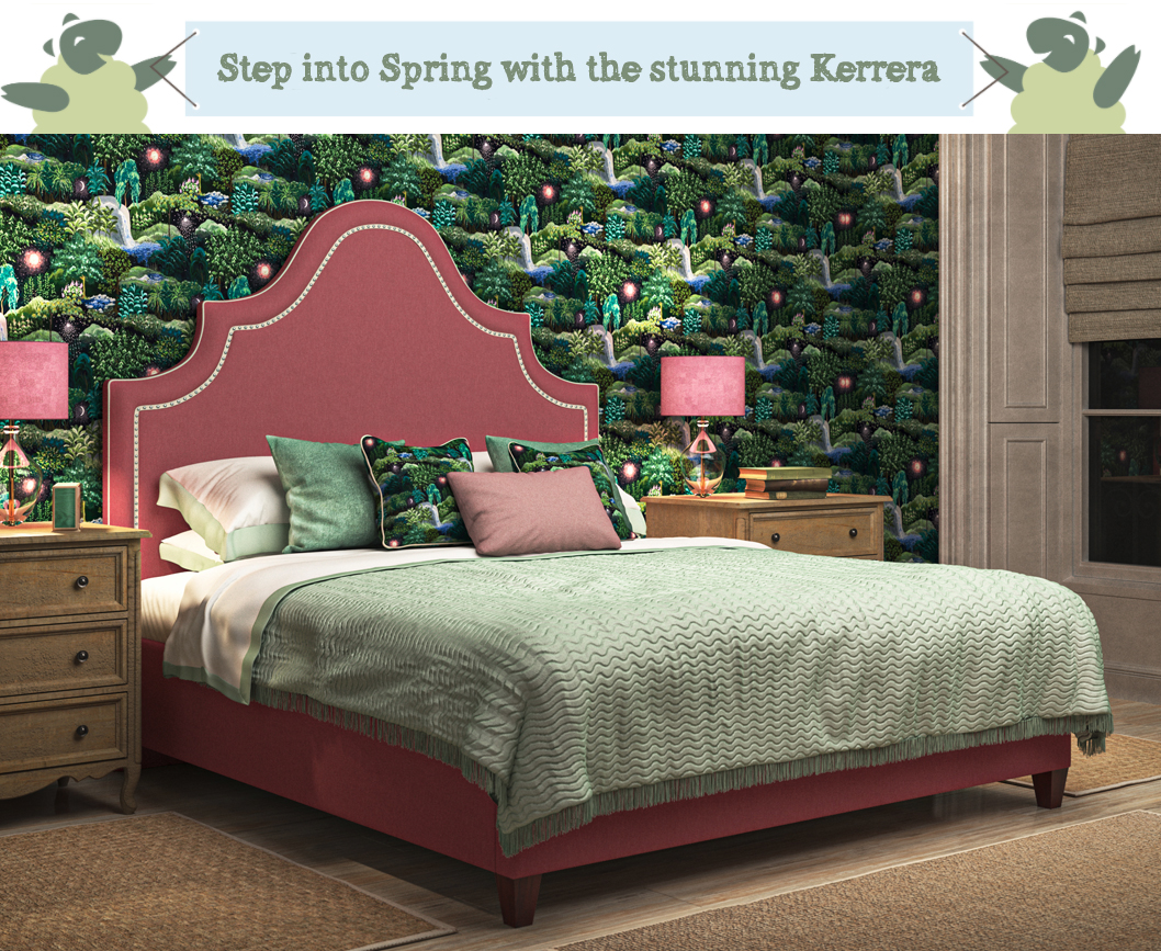 Kerrera Keystone Shape Headend Fully Upholstered Bed in House Cotton Strawberry with Ivory Braid and Chrome Studs