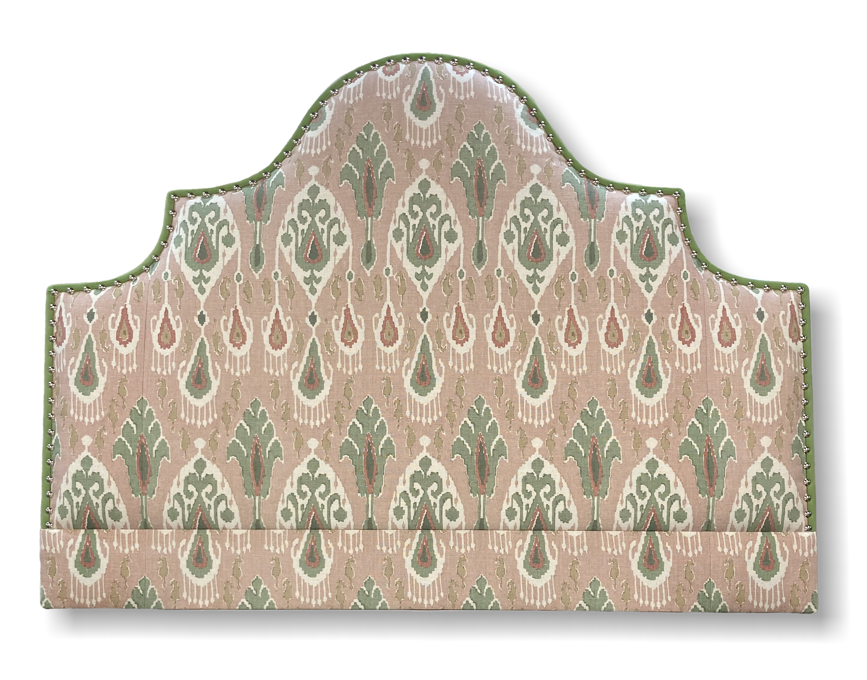 Bespoke Super King Samson Headboard - Customers Own Material - GP & J Baker Ikat Bokhara Rose:Green - Outside Border with Return in Rimini Prairie - Vintage Nail - With Pillowstop - 230649 jpg