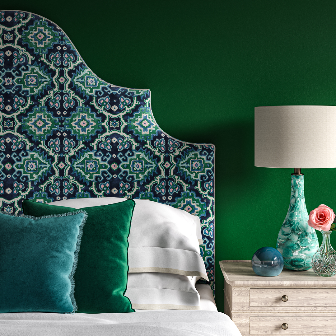 THW - Samson Headboard - Linwood Kami Seagreen, contrast piped Omega Velvet Biscuit - Front On Half - HI RES
