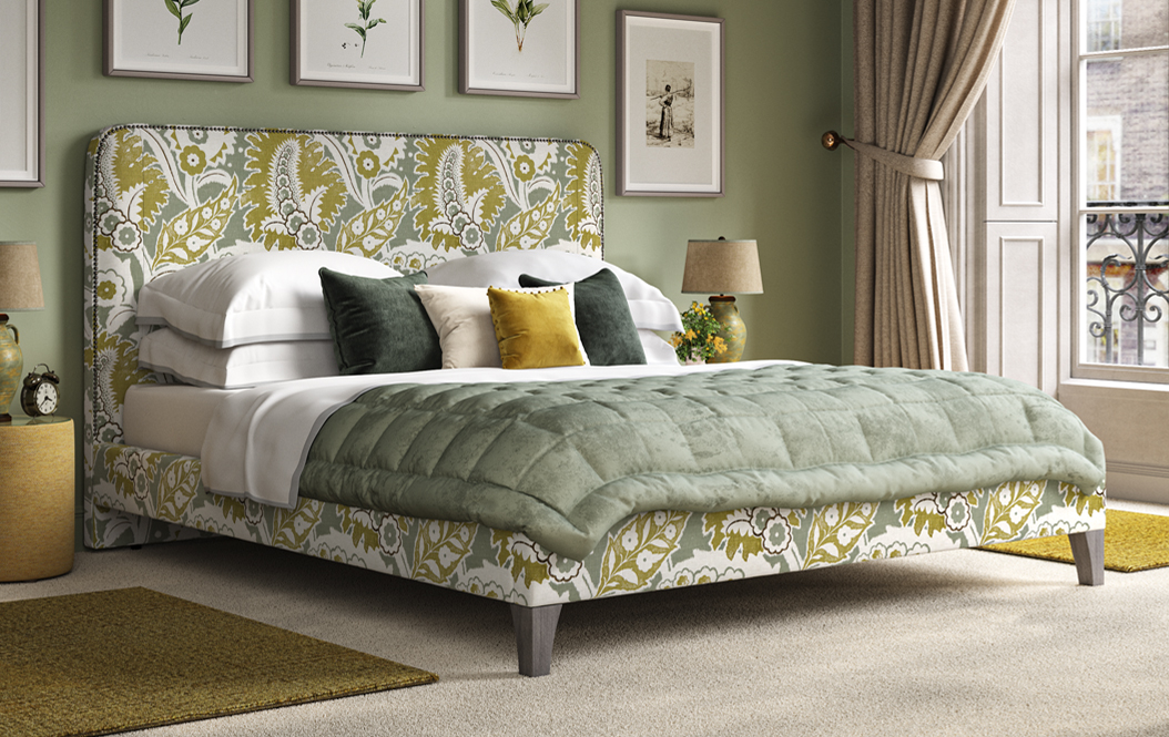 Faray Grand Bed Rapture & Wright Tabriz Pale Celadon with vintage studs and 6ins concave washed oak legs