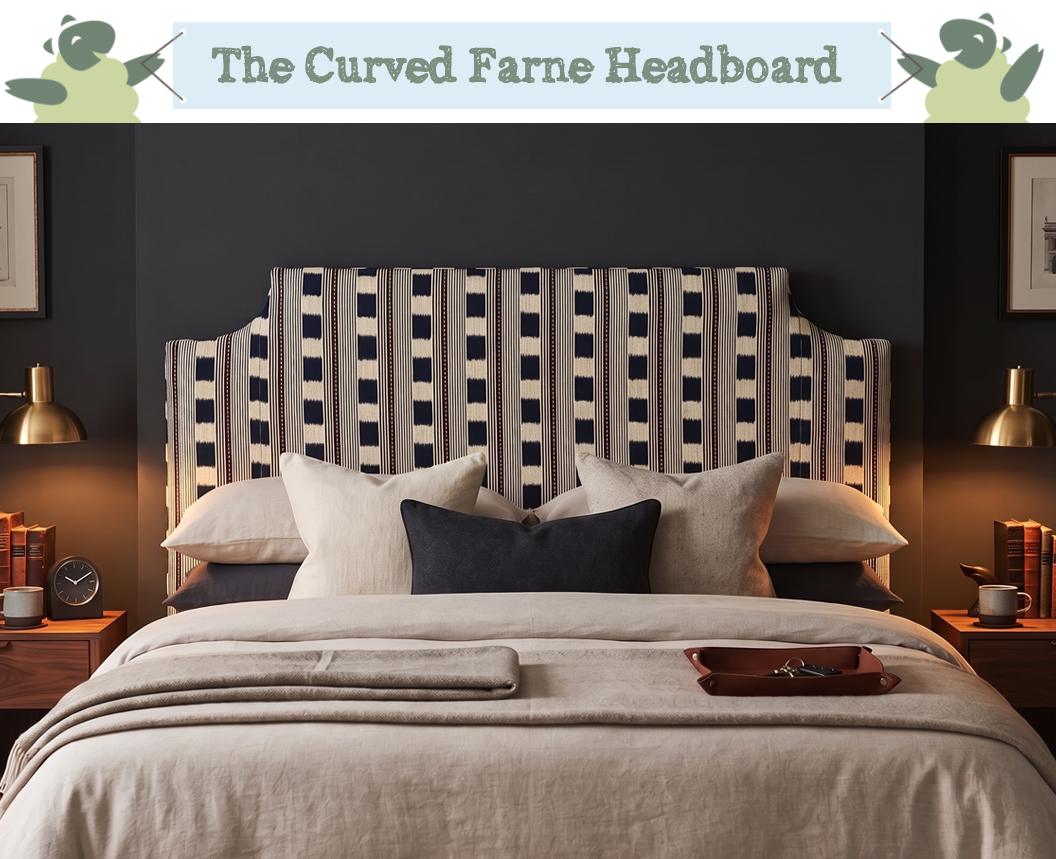 Classic Bordered Shape Annet Headboard in Pure Cotton Ice Blue with Contrast Piping in Pure Cotton Natural in a Farrow and Ball Oxford Stone painted room