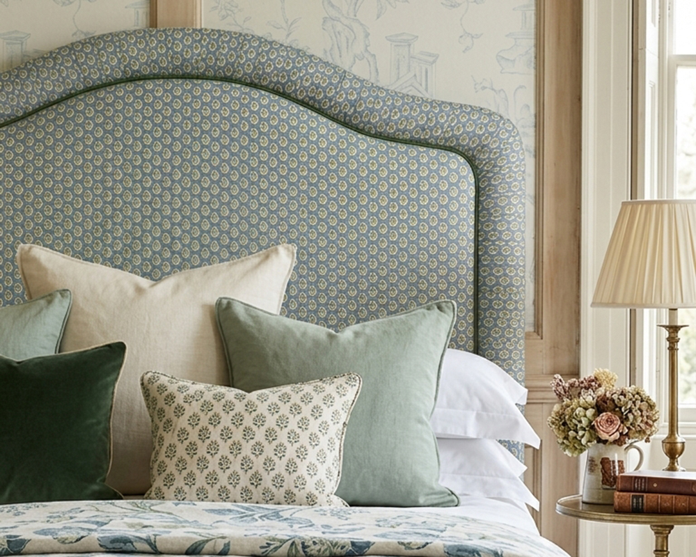 Tresco Headboard in GPJ Baker Dotty Blue Green with Pleated Border