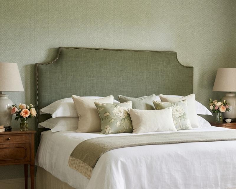 Classic Bordered Shape Annet Headboard in House Linen Kiwi Green with Contrast Piping in Pure Cotton Natural