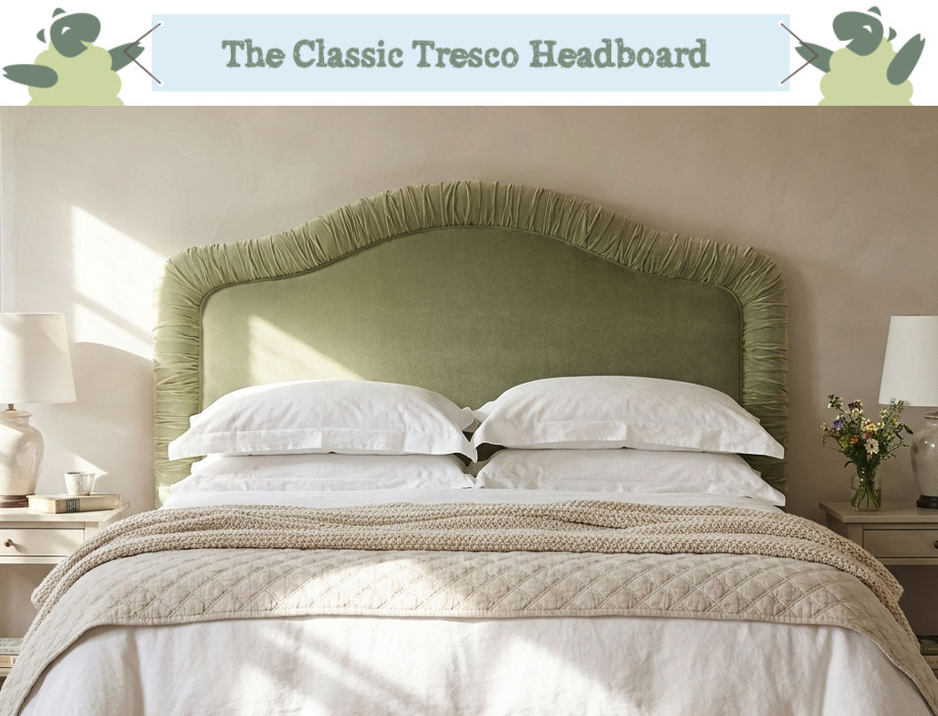 Tresco Headboard with ruched border in Linwood Omega Velvet Green Tea
